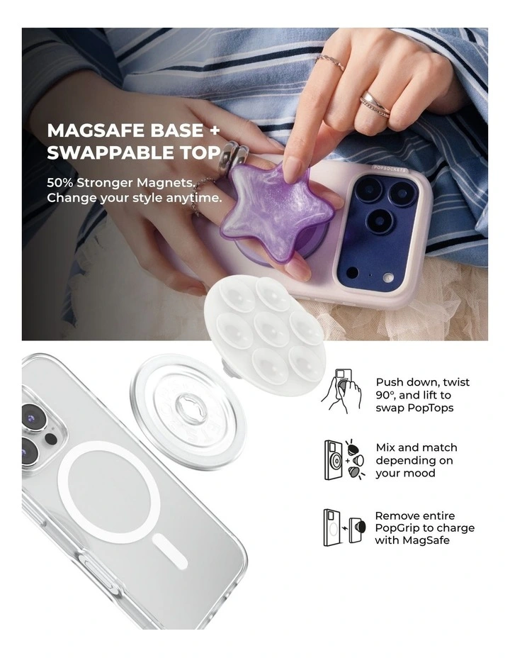 PopSockets PopGrip SuckUp Suction MagSafe 3in1 Mount Grip Stand (Swappable Top) - Clear image 6