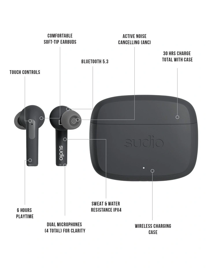 Sudio N2 Pro True Wireless Bluetooth In-Ear Headphones, Active Noise Cancelling Earbuds - Black image 3