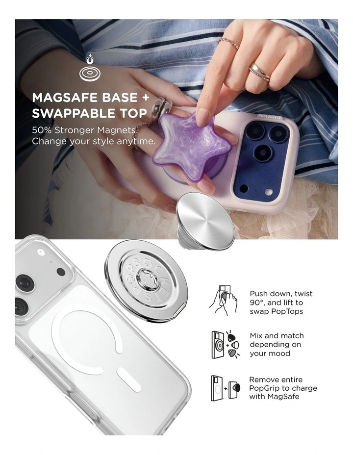 PopSockets PopGrip Kick-Out MagSafe Phone Grip & Stand (Swappable Top) - Radial Silver image 6