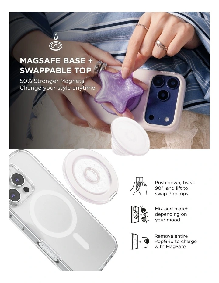 PopSockets PopGrip Kick-Out MagSafe Phone Grip & Stand (Swappable Top) - Opalescent White image 6