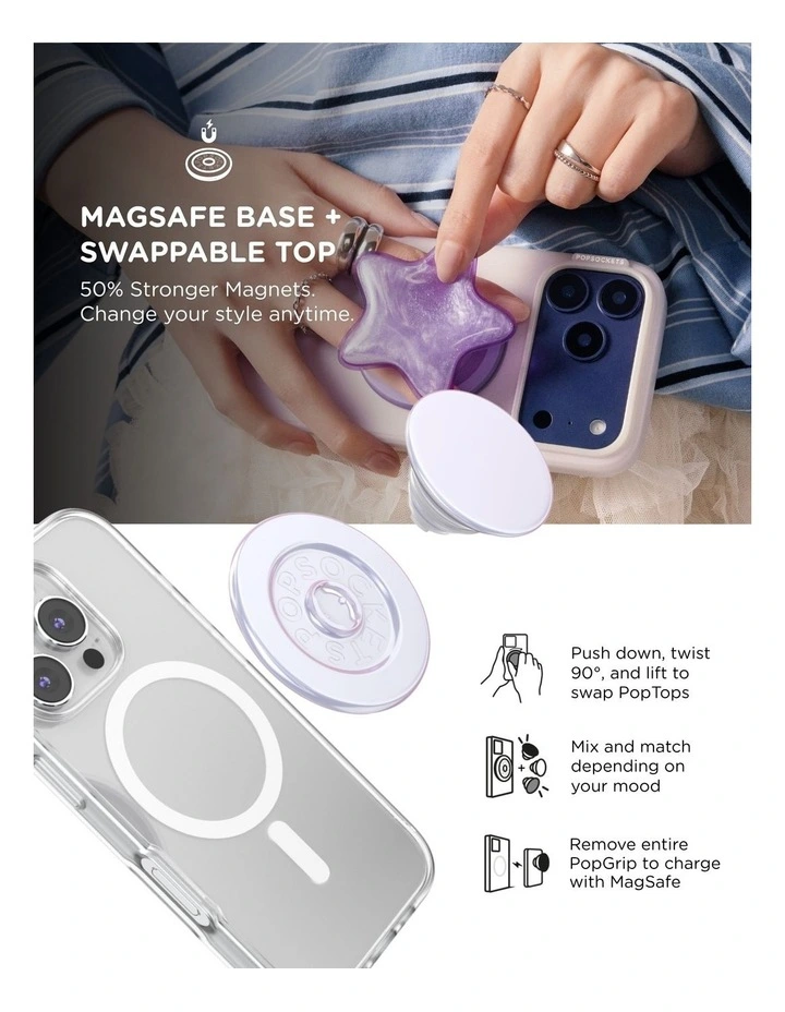 PopSockets MagSafe Phone Grip Holder   Magnetic Adapter Ring (Swappable Top) - Iridescent White image 6