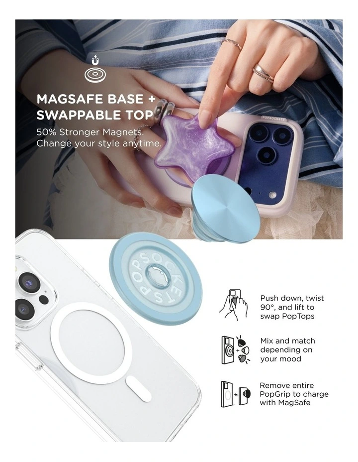 PopSockets MagSafe Phone Grip Holder Magnetic Adapter Ring (Swappable Top) - Aluminum Blue Sigh image 6