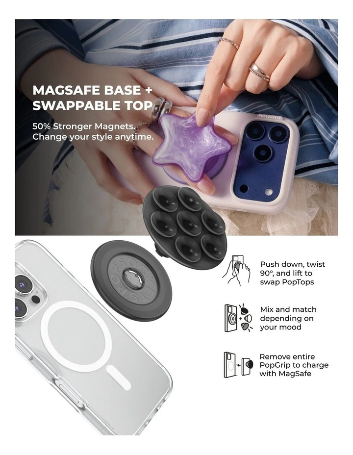 PopGrip SuckUp Suction MagSafe 3in1 Mount Grip Stand (Swappable Top) - Translucent Black image 6