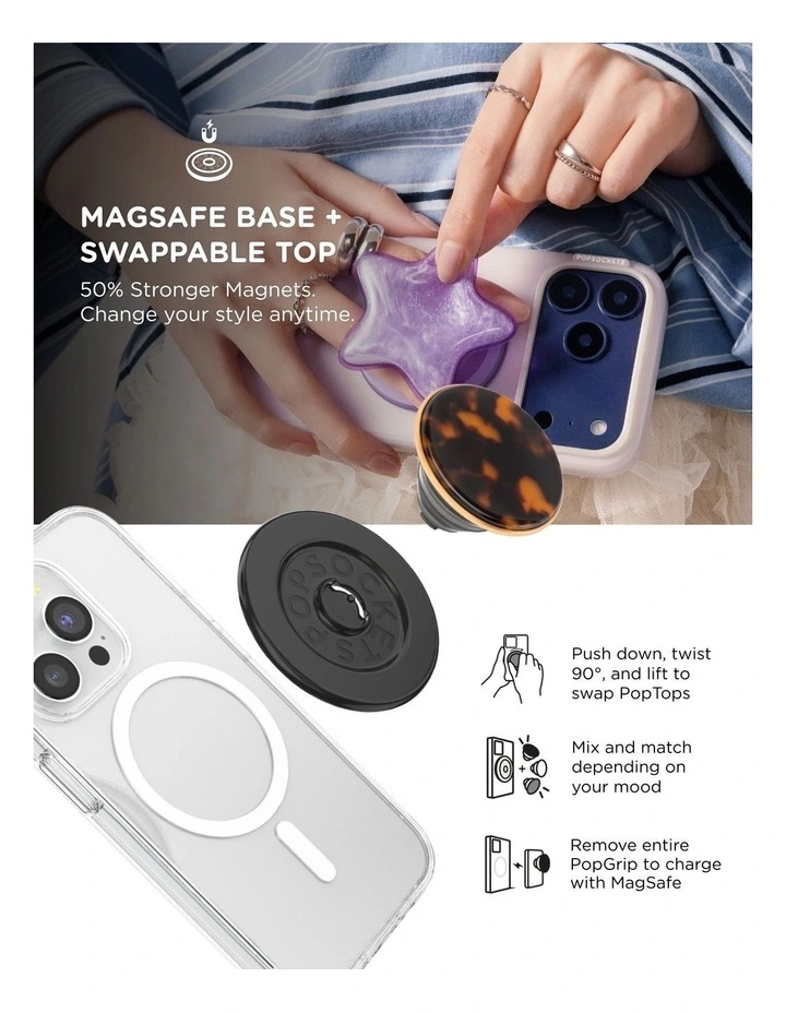 PopSockets PopGrip MagSafe Phone Grip Holder Magnetic Adapter Ring (Swappable Top) - Tortoise image 6