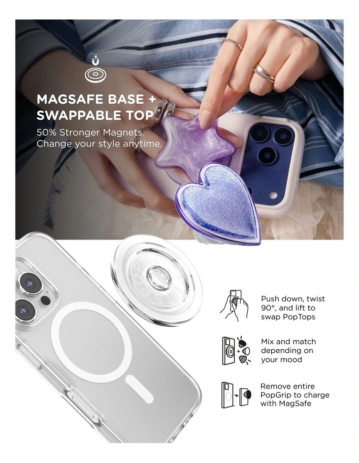 PopSockets MagSafe Phone Grip Magnetic Adapter (Swappable Top) - Squishy Tidepool Heart Lavender image 6