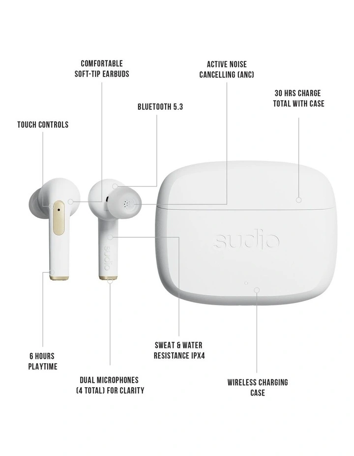 Sudio N2 Pro True Wireless Bluetooth In-Ear Headphones, Active Noise Cancelling Earbuds - White image 3