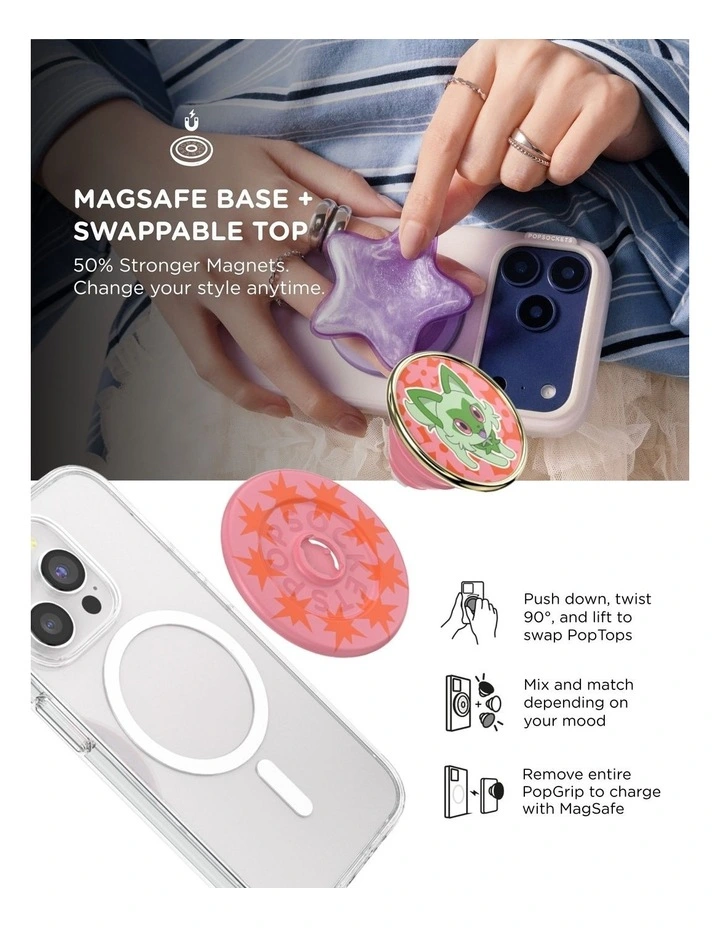 Pokemon x PopSockets MagSafe Phone Grip Magnetic Adapter Ring (Swappable Top) - Sprigatito Stretch image 6