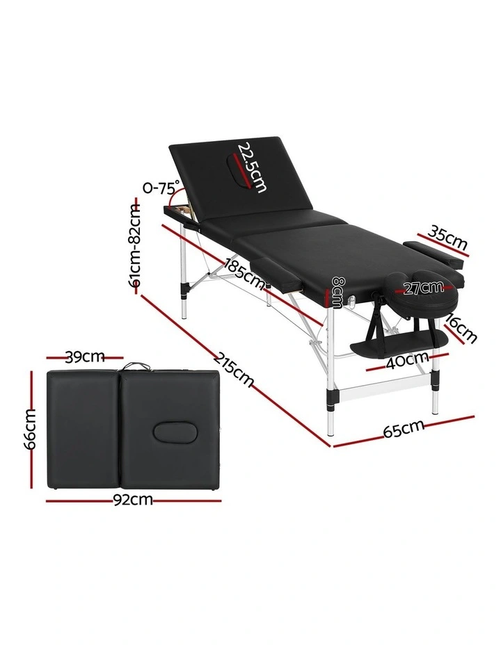 Zenses Massage Table 65cm Portable 3 Fold Aluminium Beauty Bed Black image 4