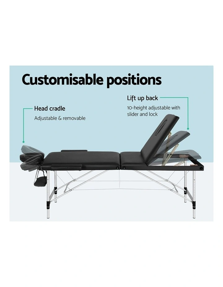 Zenses Massage Table 65cm Portable 3 Fold Aluminium Beauty Bed Black image 6