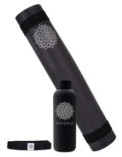 Mandala Yoga Mat Premium Bundle with Strap & Steel Hydration Bottle - Black
