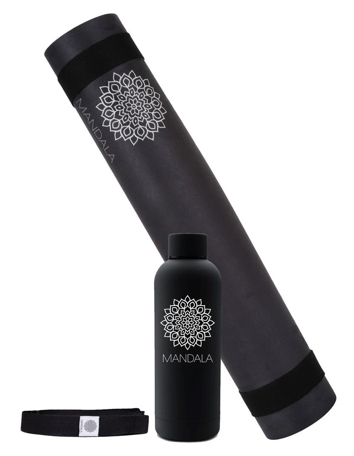 Mandala Yoga Mat Premium Bundle with Strap & Steel Hydration Bottle - Black image 1