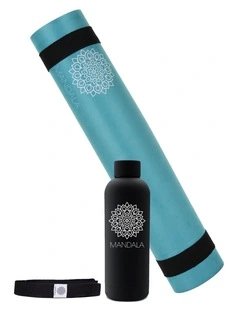 Mandala Yoga Mat Premium Bundle with Strap & Steel Hydration Bottle - Teal