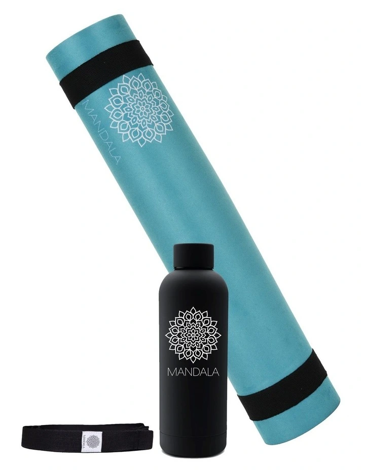 Mandala Yoga Mat Premium Bundle with Strap & Steel Hydration Bottle - Teal image 1