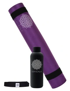Mandala Yoga Mat Premium Bundle with Strap & Steel Hydration Bottle - Purple