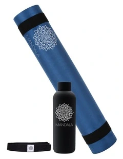 Mandala Yoga Mat Premium Bundle with Strap & Steel Hydration Bottle - Midnight Blue