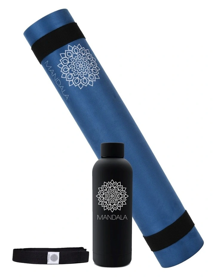 Mandala Yoga Mat Premium Bundle with Strap & Steel Hydration Bottle - Midnight Blue image 1