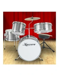 Karrera Mini 4-Piece Children Drum Kit Set Wooden with 2 Toms Bass Pedal Snare Stool Metallic Silver