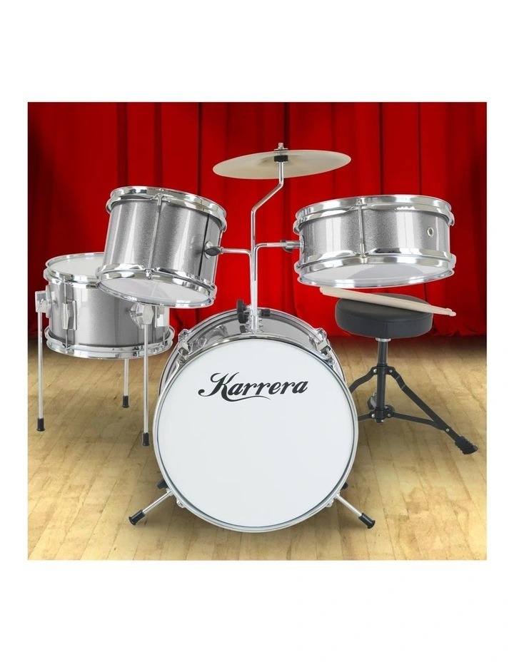 Karrera Mini 4-Piece Children Drum Kit Set Wooden with 2 Toms Bass Pedal Snare Stool Metallic Silver image 1