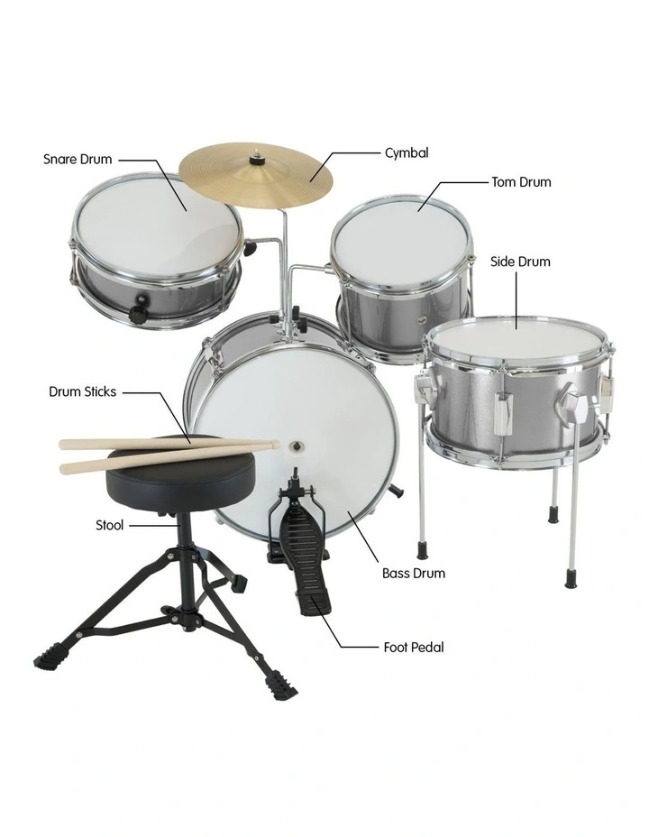 Karrera Mini 4-Piece Children Drum Kit Set Wooden with 2 Toms Bass Pedal Snare Stool Metallic Silver image 2