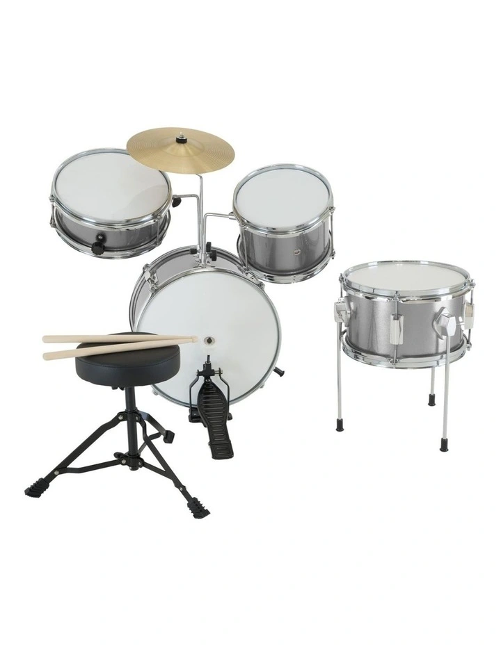 Karrera Mini 4-Piece Children Drum Kit Set Wooden with 2 Toms Bass Pedal Snare Stool Metallic Silver image 6