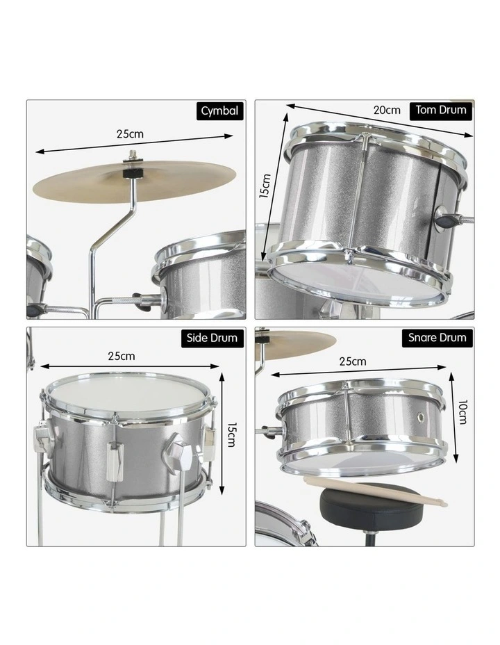 Karrera Mini 4-Piece Children Drum Kit Set Wooden with 2 Toms Bass Pedal Snare Stool Metallic Silver image 7