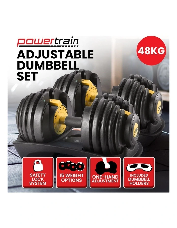 Powertrain 48kg Adjustable Dumbbell Set Home Gym Exercise Equipment Weights Gold image 4
