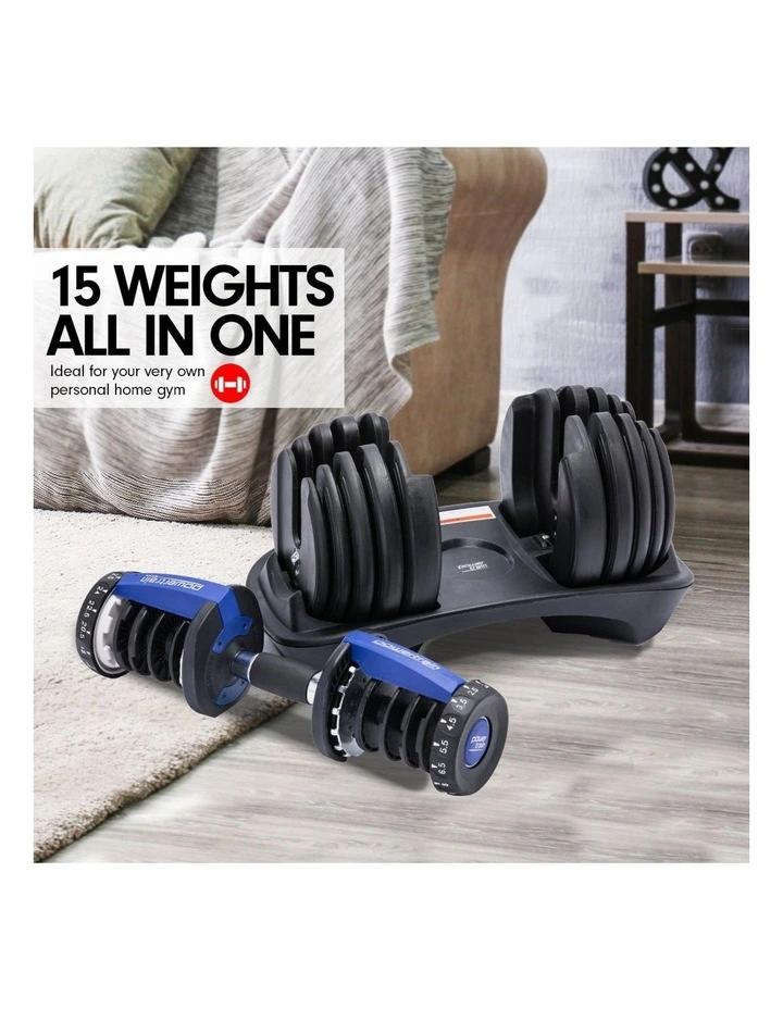 2x Powertrain 24kg Blue Adjustable Dumbbell  w/ 10437 Adidas Bench image 3