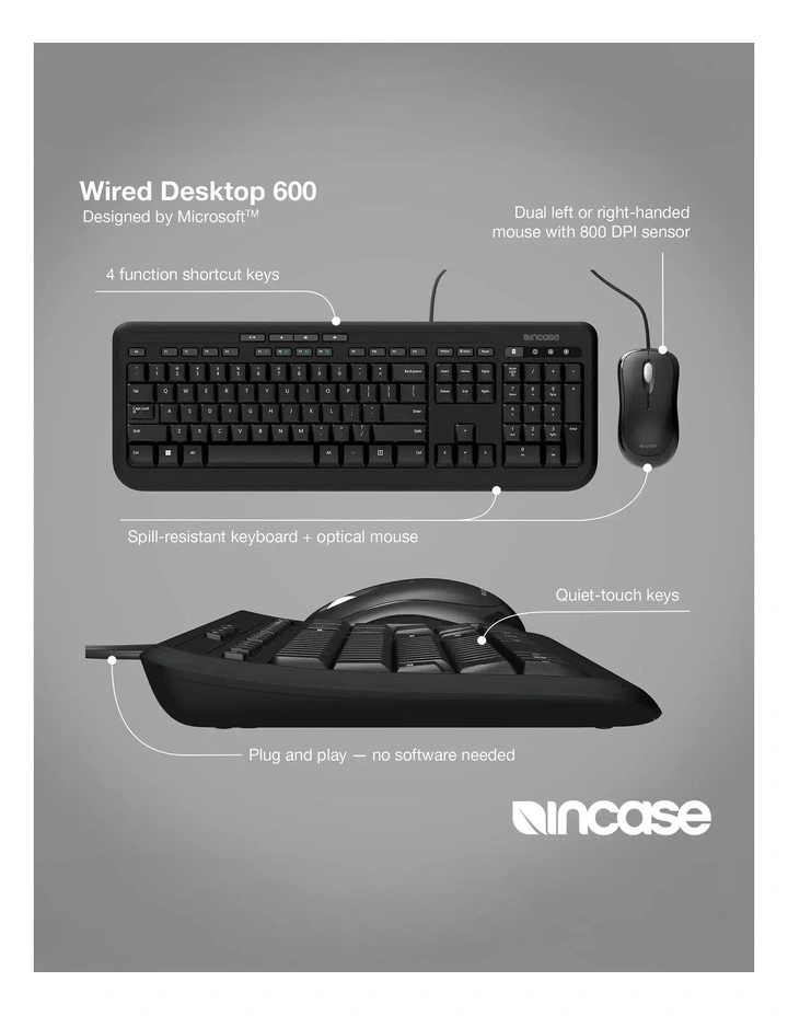 Incase Designed by Microsoft Wired Keyboard & Mouse Desktop 600 - Black [APB-00018] image 6