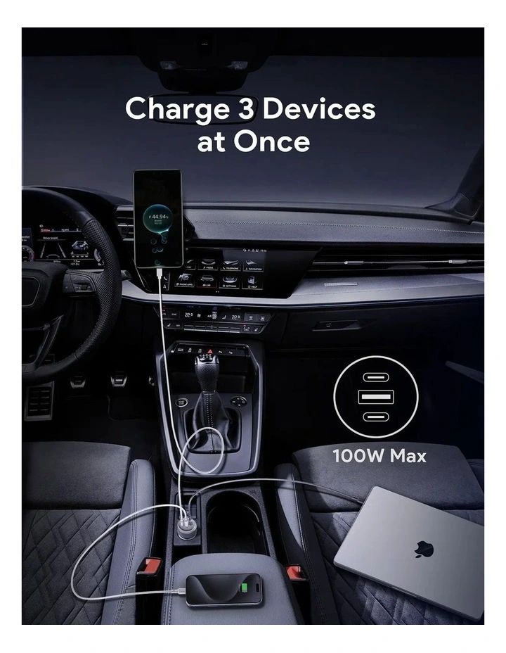 AUKEY CC-P3 Pathfinder Mix 3 100W Fast Car Charger - 3-Port USB-C and USB-A image 4