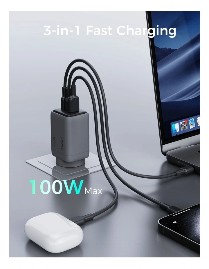 AUKEY PA-C5 Comet 100W PD GaN Wall Charger with 1.8m USB-C to C Cable image 2