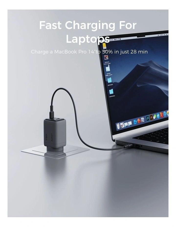 AUKEY PA-C5 Comet 100W PD GaN Wall Charger with 1.8m USB-C to C Cable image 3
