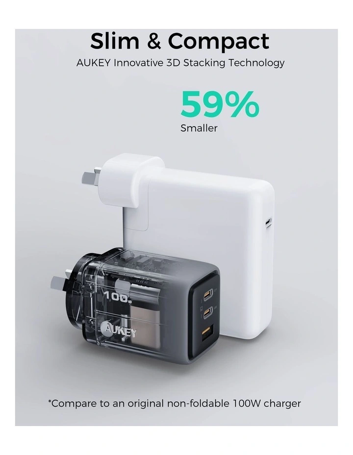AUKEY PA-C5 Comet 100W PD GaN Wall Charger with 1.8m USB-C to C Cable image 5