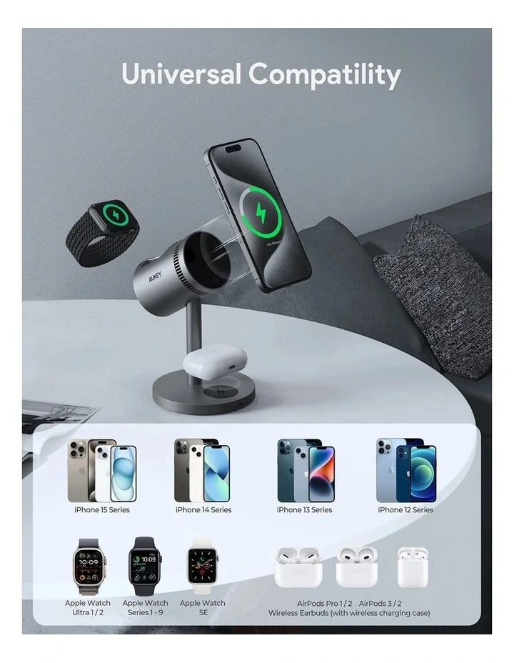 AUKEY LC-MC311A MagFusion 3-in-1 Pro Qi2 Active Cooling Wireless Charging Station. image 5