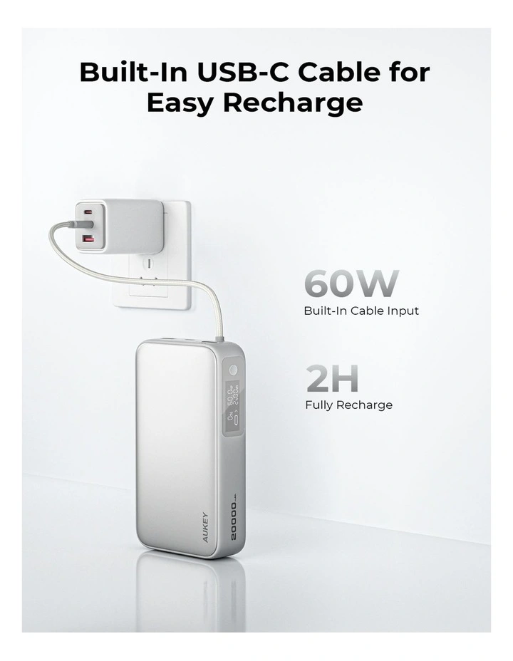 AUKEY Spark Sling 20,000mAh 130W Power Bank w/ Built-In USB-C Cable PB-Y48 image 2