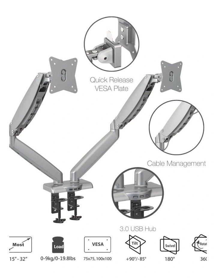 Black Dual Monitor Gas Spring Arm Mount With Full Motion Adjustment And Integrated Cable Management image 5