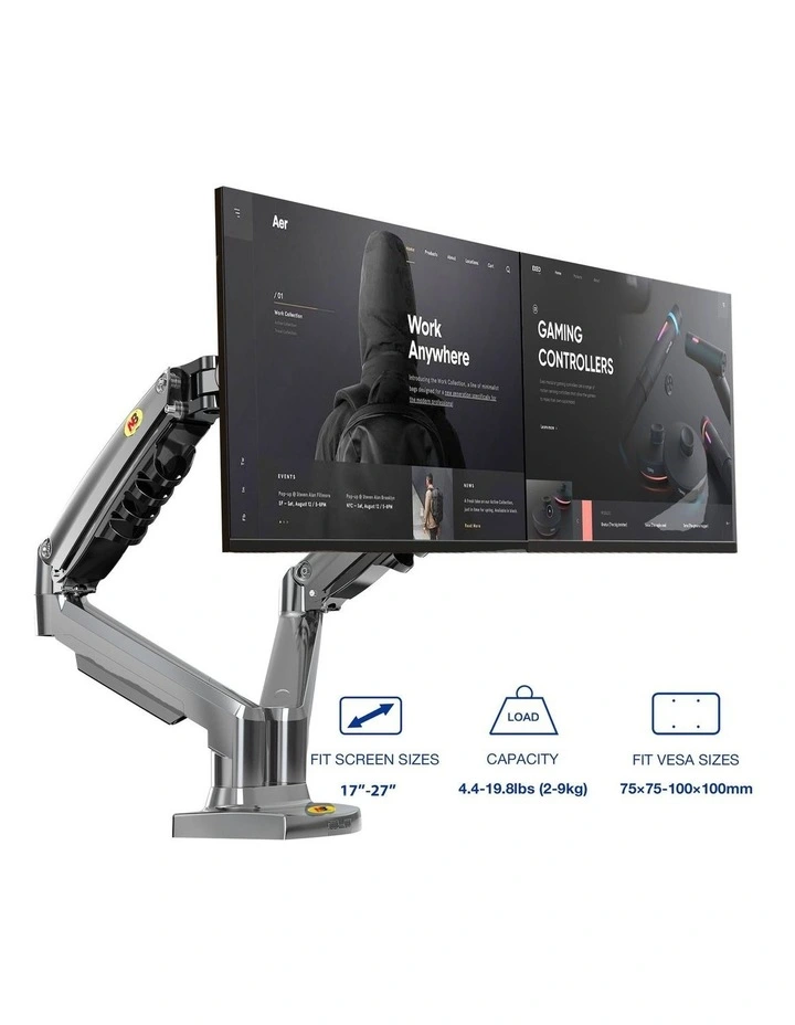 Gunmetal Grey Dual Screen Gas Strut Monitor Arm For Professional Desktop Workstations image 5