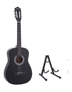 Alpha 38 Inch Classical Acoustic Guitar with Folding Stand Capo and String Set Black
