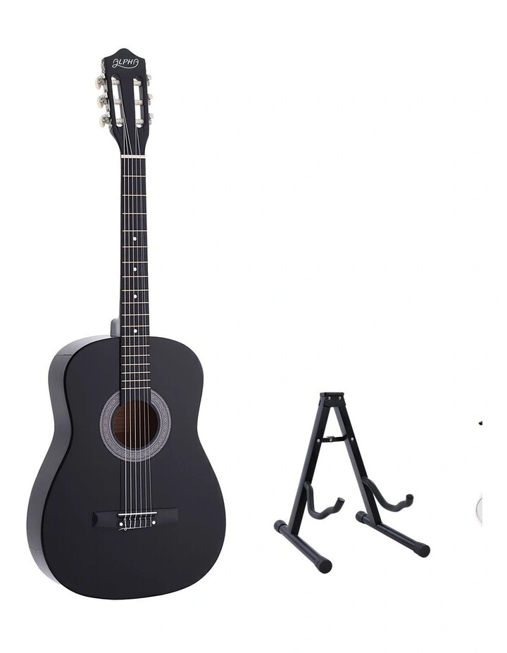 Alpha 38 Inch Classical Acoustic Guitar with Folding Stand Capo and String Set Black image 1