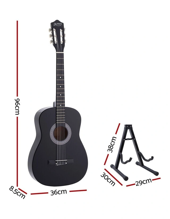 Alpha 38 Inch Classical Acoustic Guitar with Folding Stand Capo and String Set Black image 2