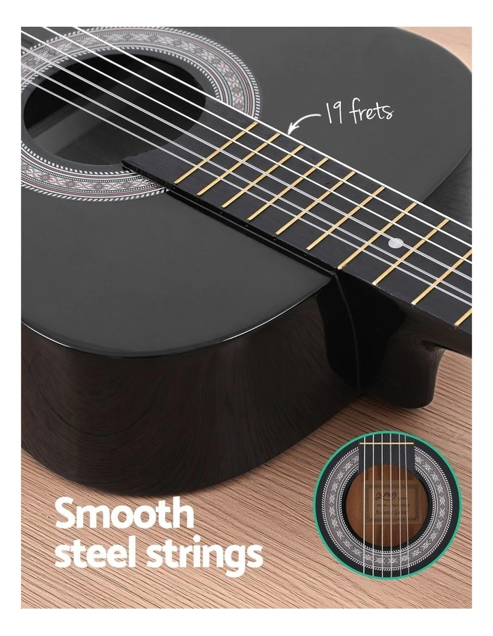 Alpha 38 Inch Classical Acoustic Guitar with Folding Stand Capo and String Set Black image 4