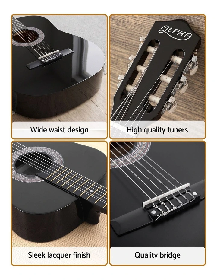 Alpha 38 Inch Classical Acoustic Guitar with Folding Stand Capo and String Set Black image 5