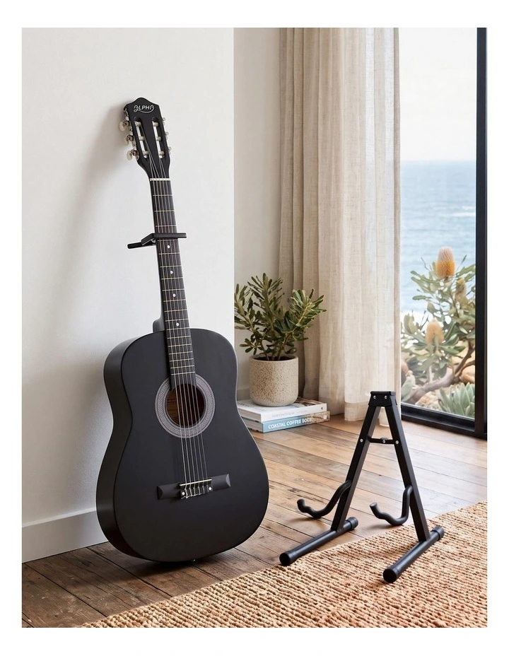 Alpha 38 Inch Classical Acoustic Guitar with Folding Stand Capo and String Set Black image 6