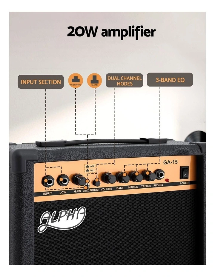 Alpha 20W Guitar Amplifier Portable Practice Amp Overdrive 3-Band EQ Black image 4
