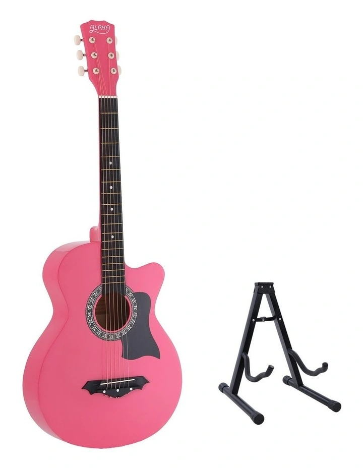 Alpha 38 Inch Acoustic Guitar Wooden Body Steel String Full Size w/ Stand Pink image 1