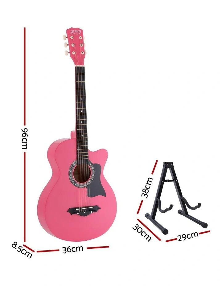Alpha 38 Inch Acoustic Guitar Wooden Body Steel String Full Size w/ Stand Pink image 2