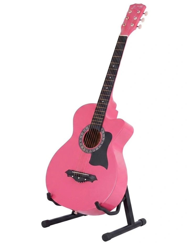 Alpha 38 Inch Acoustic Guitar Wooden Body Steel String Full Size w/ Stand Pink image 3