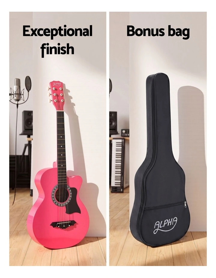 Alpha 38 Inch Acoustic Guitar Wooden Body Steel String Full Size w/ Stand Pink image 4