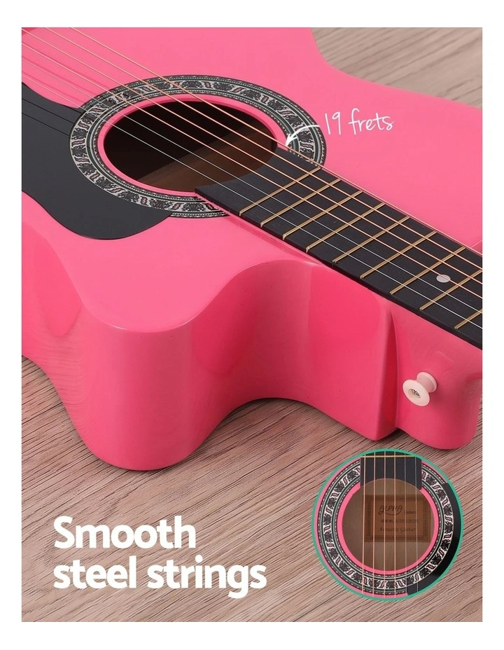 Alpha 38 Inch Acoustic Guitar Wooden Body Steel String Full Size w/ Stand Pink image 5
