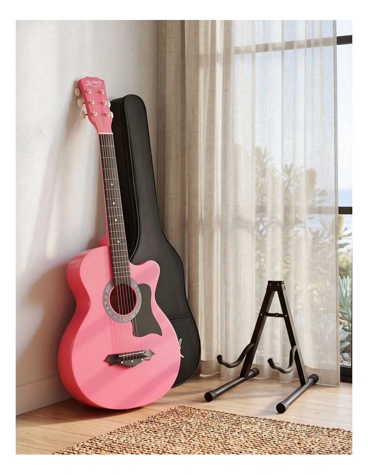 Alpha 38 Inch Acoustic Guitar Wooden Body Steel String Full Size w/ Stand Pink image 6