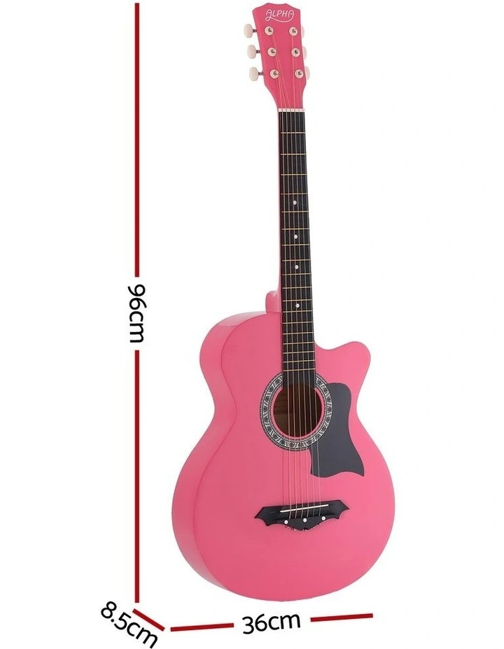 Alpha 38 Inch Acoustic Guitar Folk Cutaway Steel String Pink With Carry Bag image 2